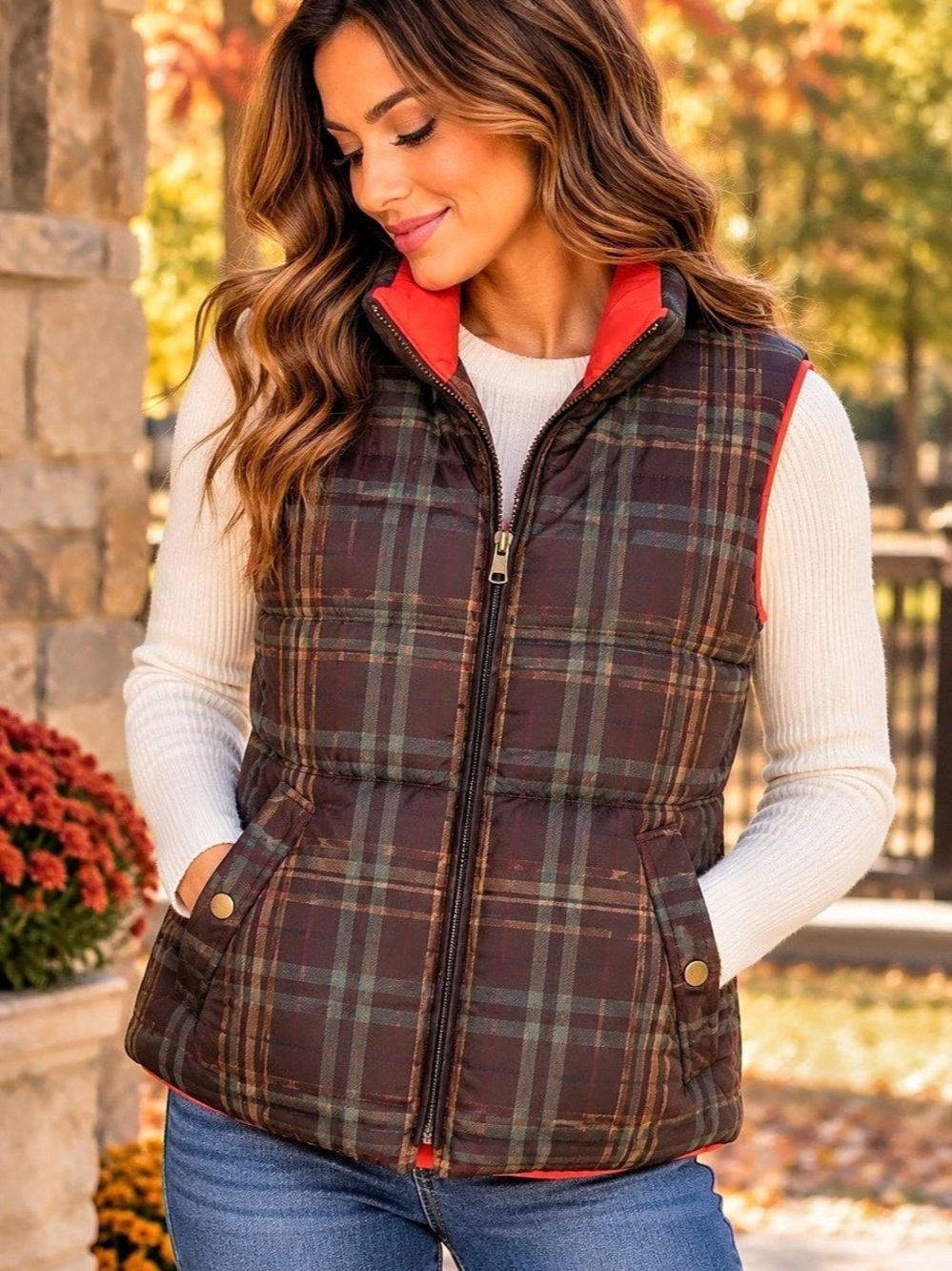 Lauren Ralph Lauren Reversible Down Puffer Vest Plaid Orange
